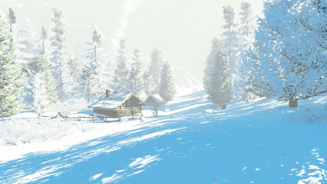 Camera moves smoothly to a cozy hut among snow-covered fir trees high in mountains. Daytime winter scenery. Realistic 3D animation.