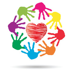 Vector concept circle of hands, red heart love symbol