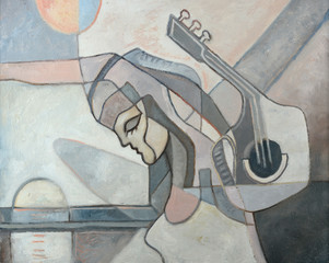 Panele Szklane Podświetlane  Malarstwo abstrakcyjne z kobietą i gitarą