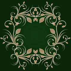 Holiday background with flourish design on green, greeting card
