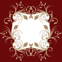 Holiday background with flourish frame on red, greeting card