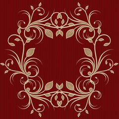 Holiday background with flourish frame on red, greeting card