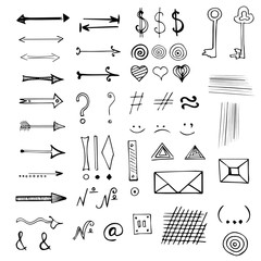 Vector hand drawn doodles arrows and other signs and symbols set isolated on white  - obrazy, fototapety, plakaty