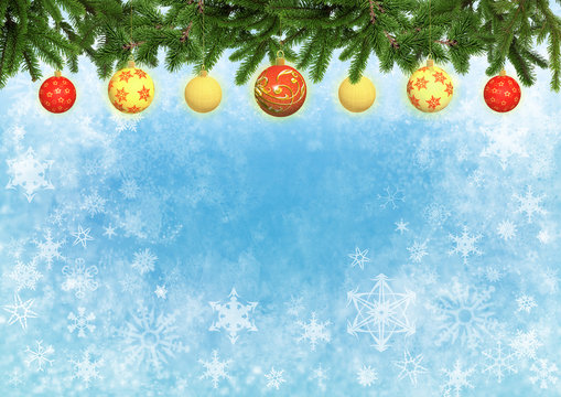 Christmas background blue color with yellow and red balls