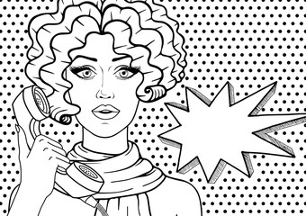 Vintage surprised woman on phone outlined. Vector curly hair girl with old telephone pop art comics style illustration.