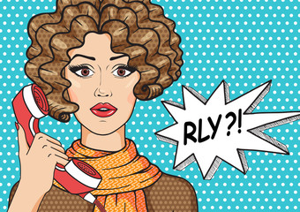 Vintage surprised woman with speech bubble and message RLY? Vector curly hair brunette girl with old telephone pop art comic style illustration.