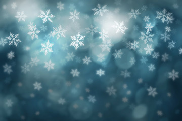 Dark turquoise blue colored abstract blurry snowfall Christmas and New Year illustration background. Beautiful dark turquoise blue colored holiday greeting card with copy space background.