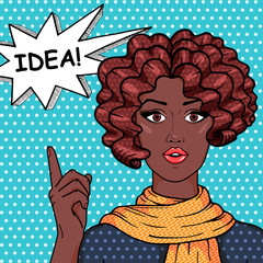 Vintage african american girl with curly hair showing on speech bubble with message IDEA! Vector afro woman pop art comic style illustration.