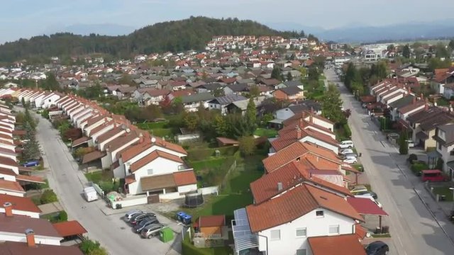 AERIAL: Suburban row houses in sunny neighborhood