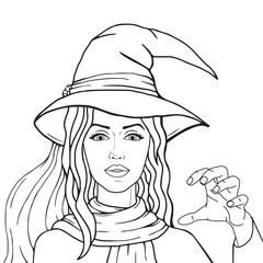 Stylish witch in hat and scarf outlined, isolated on white background, vector halloween pop art comic style illustration