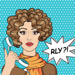 Retro surprised girl with old telephone and message RLY? Curly brunette girl pop art comic style vector illustration.