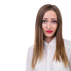 Closeup portrait of sad and depressed woman isolated on white