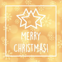 Merry Christmas vector with christmas star outline icon. Winter design background with snowfall and bokeh and custom text.