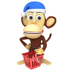 3d funny monkey in santa claus hat with shopping cart