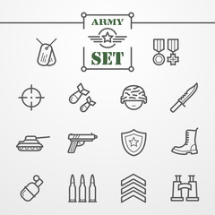 Collection of thin line icons - army and military theme