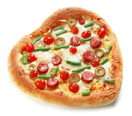 Tasty heart shaped pizza isolated on white background