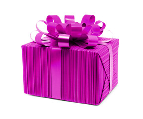 Gift box tied with a gold ribbon bow on white background.