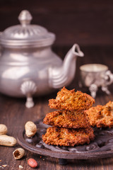 Oatmeal liver with peanut butter.selective focus