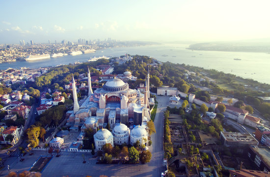 Aya Sofia and Istanbul panorama aerial view