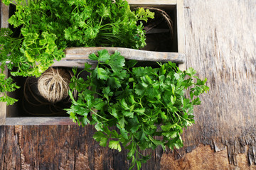 Fresh parsley in box on wooden table