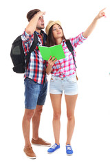 A pair of happy tourists sightseeing in summer, isolated on white