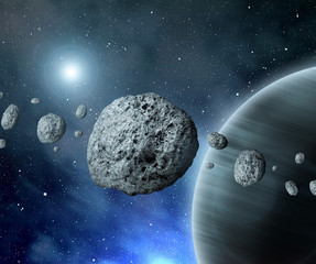 Belt asteroids in space on a starry background. © vencav