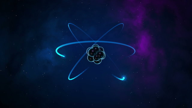 Motion graphic of classic "atom" with orbiting electrons on space background illustrating concepts of energy and nuclear power.