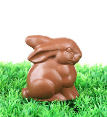 Naklejka premium Chocolate Easter bunny on green grass, on white background