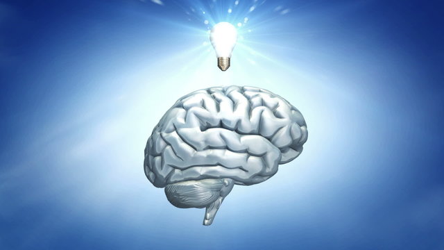 Blue Sky Thinking: A 3D brain and a moment of inspiration illustrating concepts of breakthrough and brainstorming.