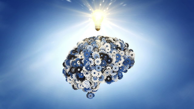 Blue Sky Thinking: A clockwork brain and a moment of inspiration illustrating concepts of breakthrough and brainstorming.