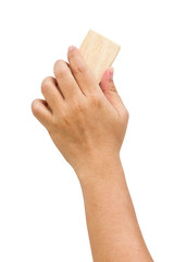 Asian men's hand erasing the whiteboard isolated on white.