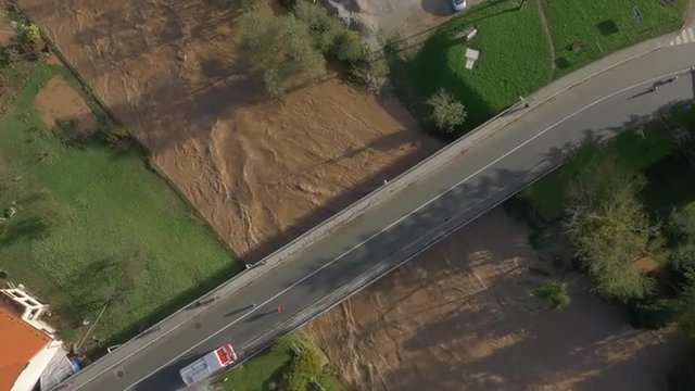 AERIAL: Muddy and strong river after rainfall