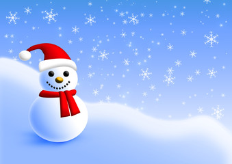 Süsser Schneemann im Schnee mit Schneeflocken / Snowman