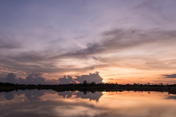 Landscape of lake at sunset