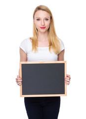 Caucasian woman show with chalkboard