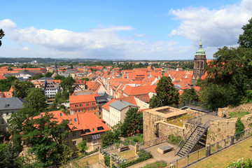 Fototapeta na wymiar View towards Pirna cityscape with St. Marys Church from Sonnenstein castle