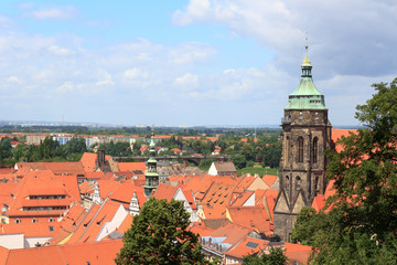 View towards Pirna cityscape with St. Marys Church from Sonnenstein castle