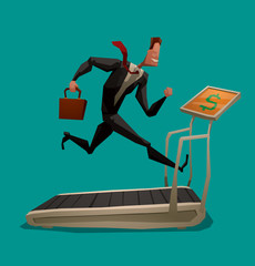 Vector cartoon image of a businessman in a black suit, white shirt and red tie running on a treadmill with a brown briefcase in his hand on a turquoise background.