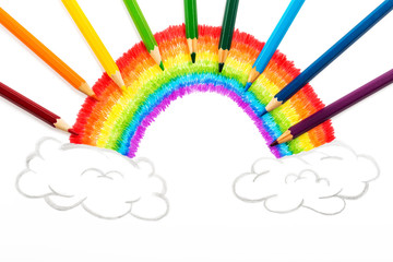 Rainbow and clouds drawing, abstract background from color penci