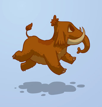 Vector Mammoth, baby. Cartoon image of a funny brown furry baby mammoth on a light blue background.