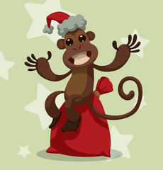Vector cartoon image of a funny brown monkey in red Santa's hatsitting on the red Santa's bag on a light gray background with white stars. In the theme of Christmas and New Year.