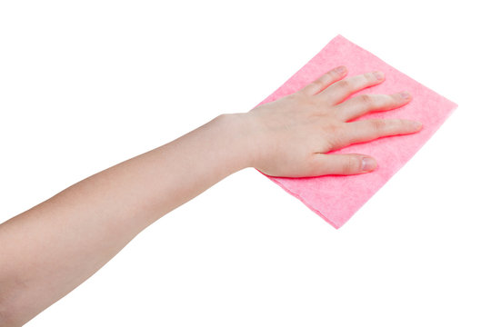 hand with pink washing rag isolated on white