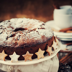 Christmas Cake with Powered Sugar. Festive Decoration Star