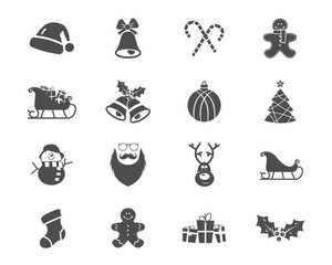 Naklejka premium Christmas, Happy New Year and Winter icons collection. Set of holidays symbols, elements - santa, deer, gift, snowman, candy, toys for web, app, ptint. Vector monochrome silhouette