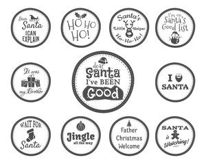 Christmas Badge and Design Elements with funny signs, quotes for kids. Monochrome New Year labels, liday elements collection isolated on white background. Vector