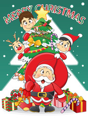 merry Christmas Santa, Snowman, Reindeer Cartoon.  