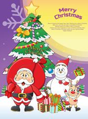 merry Christmas Santa, Snowman, Reindeer Cartoon.  