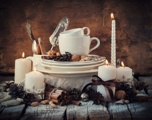 Christmas Decor with Dishware on the Table in Festive Composition