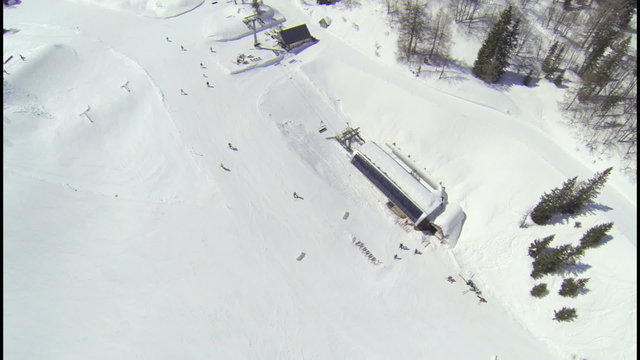 AERIAL: Skiers in ski resort