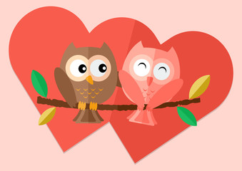 Obraz premium Sweetheart owls with love on tree and two red hearts in background vector flat illustration.